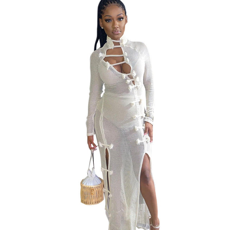 YS-M21DS553 New style women elegant patchwork mesh hollow out long sleeve bodycon dresses