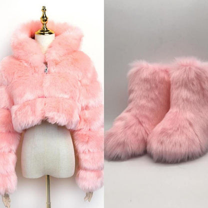 2021 Winter fashion designer lady girls sets furry women shoes snow women's boots with matching fur jacket coat