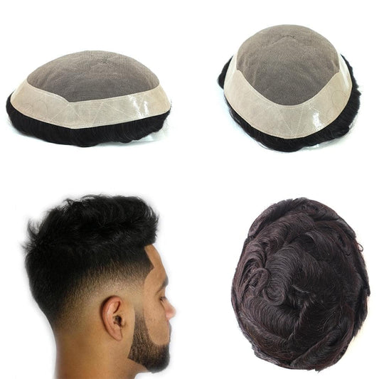 100% human hair toupee ,Mens wig,hair replacement Fine mono lace with Polyskin hair pieces