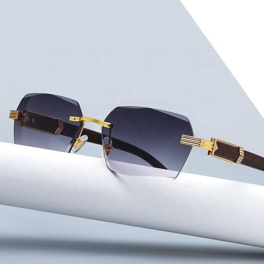 2023 Brand Metal Diamond Cut Sunglasses Luxury Men Sunglasses Rimless Square Wood Color Small Sunglasses Women Shade Glasses