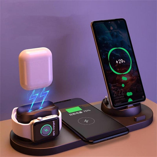 6 in 1 Wireless Charger Dock Station for iPhone/Android/Type-C USB Phones 10W Qi Fast Charging