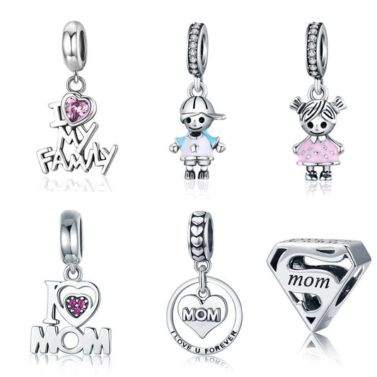 925 sterling silver super mom charms pendants I love my family charm pendant kids charms for bracelet making jewelry